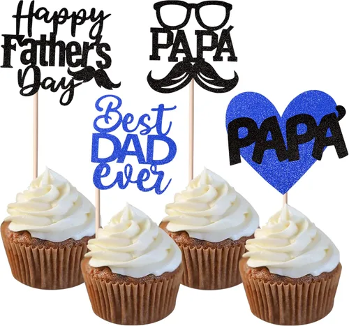 Miniatura 15 de Paquete de 24 adornos para cupcakes con purpurina para el Día del Padre, con purpurina para el mejor papá del mundo, sombrero de bigote #1