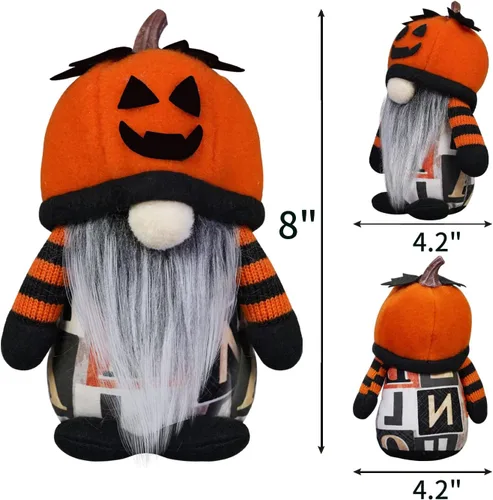 Miniatura 3 de Decoraciones de gnomos de Halloween, paquete de 2 sombreros hechos a mano con cara de calabaza sueca Tomte nórdico de felpa elfo Nisse adorables