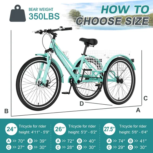 Miniatura 6 de MOPHOTO Triciclo de montaña para adultos, bicicleta de montaña de 7 velocidades y 3 ruedas para adultos, triciclo Cruiser de 24/26/27.5 pulgadas