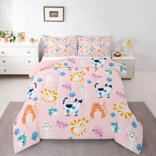 Miniatura 32 de Feelyou Juego de edredón para niños, diseño de gatos de dibujos animados, tamaño twin, lindo juego de ropa de cama de gatitos para adolescentes