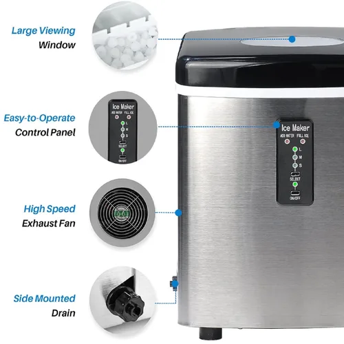 Miniatura 5 de Máquina de hacer hielo para encimera, máquina de hielo portátil con bala masticable para casa, oficina, bar, fiesta, 33 libras, acero inoxidable