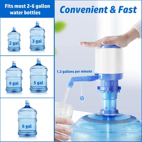 Miniatura 2 de Bomba de agua manual portátil azul para botella de 5 galones, dispensador de jarra de agua, bomba de agua potable con un tubo extra corto y tapa
