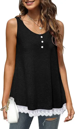 Miniatura 5 de Women Crewneck Button Up Tank Top Casual Loose Pure Color Lace Trim Ruffle Hem Camisole for Daily Party Date
