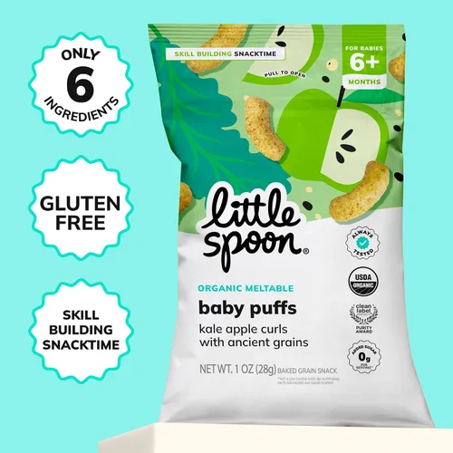 Miniatura 5 de Little Spoon Puffs de Kale y Manzana Fundibles para Bebés Orgánicos, Quinoa de Maíz Orgánico y Sorghum, Sin Arroz, Sin Azúcar Añadida, Fomenta