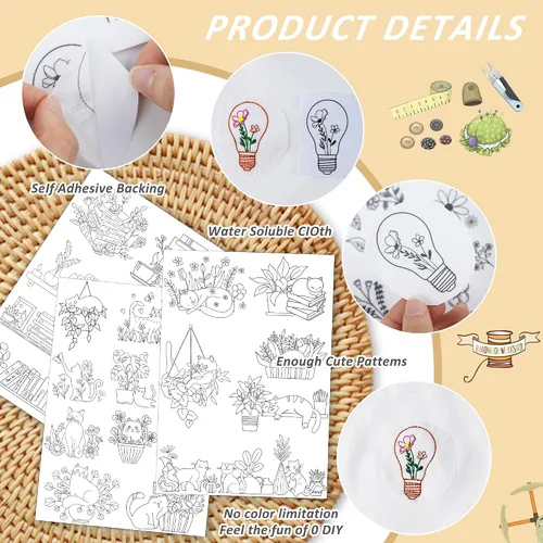 Miniatura 4 de Papel Estabilizador Soluble en Agua para Bordado - Papel de Bordado Pegar y Coser que se Lava, 3 Hojas de Patrones de Bordado, Planta en Maceta