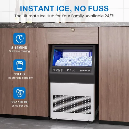 Miniatura 2 de Máquina comercial para hacer hielo, 110 libras/24 horas, de acero inoxidable, con capacidad de almacenamiento de 12 libras, autolimpieza, pantalla