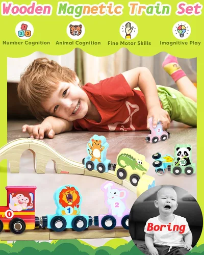 Miniatura 2 de Juego de 11 piezas de tren magnético Montessori para niños pequeños, niños y niñas, animales de madera, actividades de aprendizaje preescolar