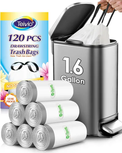 Bolsas de basura con cordón de Teivio, 1.6 galones, 120 unidades, bolsas de basura resistentes, tamaño mediano, para papeleras de cocina y baño,