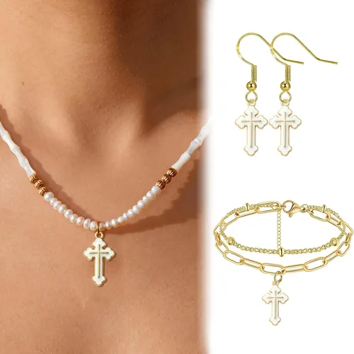Miniatura 7 de KitBeads 100 dijes de cruz blanca esmaltada, religión, Cristo Jesús, Crucifijo para hacer joyas, pulseras, collares, aretes, manualidades a granel