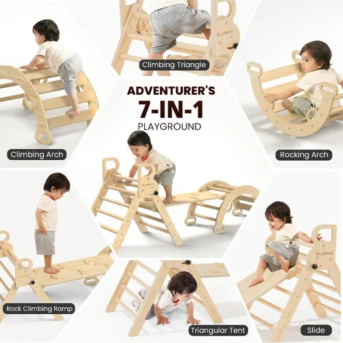 Miniatura 3 de BlueWood Pikler - Juego de triángulos de madera para niños pequeños, escalador 7 en 1, juguetes plegables para escalar, gimnasio Montessori