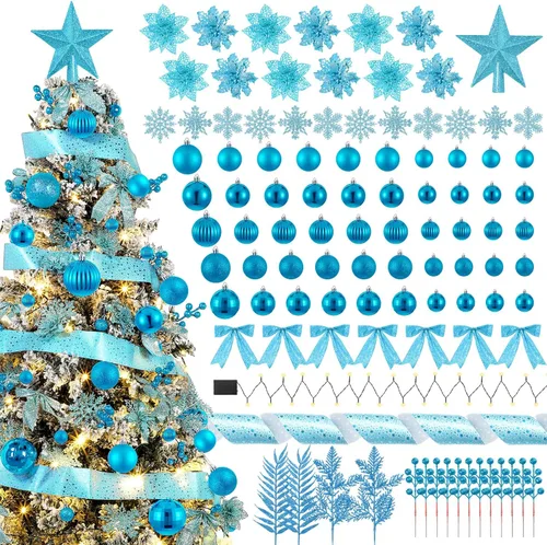 Miniatura 13 de Poen Juego de 108 adornos para árbol de Navidad, incluye bolas para árbol navideño, flor de pascua con purpurina, lazos, bayas, tallos, hojas, copos