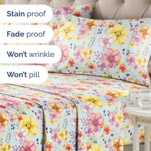 Miniatura 6 de Sábanas florales – Juego de sábanas florales de acuarela – 1 plana, 1 bajera y 2 fundas de almohada con bolsillos profundos – No se arruga ni se 18