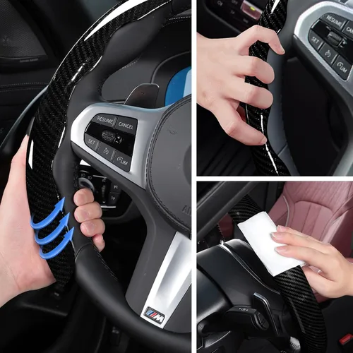Miniatura 4 de Juego de fundas para volante de automóvil, funda de fibra de carbono brillante, antideslizante, 3 piezas, accesorios para volante de 14.5-15 negro