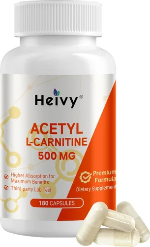 Heivy Pure Acetil L-Carnitina 500mg | 180 cápsulas, 180 porciones, vegano, sin OMG, probado por terceros, fabricado en instalaciones GMP de EE. UU.,