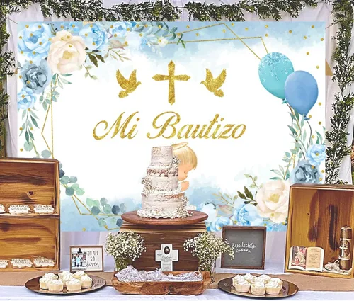 Miniatura 3 de Mi Bautizo - Telón de fondo de bautismo de 7 x 5 pies, decoración de bautizo para la primera comunión, flor azul, lindo ángel Dios bendiga fondo