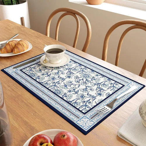 Miniatura 7 de Encasa XO Juego de 6 manteles individuales de lona de algodón con estampado de bloques índigo-02, 18 x 13 pulgadas, estampado a mano de Jaipur