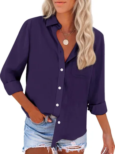 Miniatura 19 de Camisas de algodón con botones, para mujer, camisas de vestir Oxford, camisas de trabajo de manga larga, blusas con cuello y bolsillo