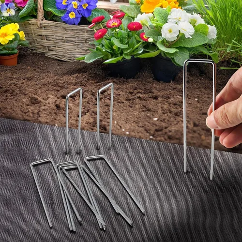 Miniatura 4 de Paquete de 100 grapas de paisaje, estacas de jardín de calibre 11 de 6 pulgadas con tapas de junta, grapas galvanizadas resistentes para paisajes