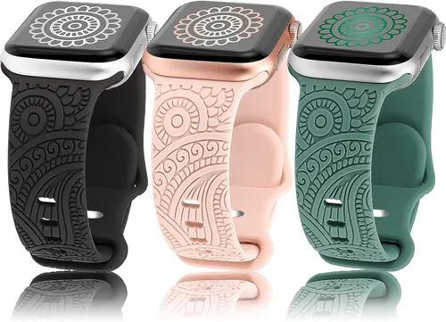 Correa grabada floral compatible con Apple Watch Band de 1.496 pulgadas, 1.575 pulgadas, 1.614 pulgadas, mujeres, hombres y niños, correas