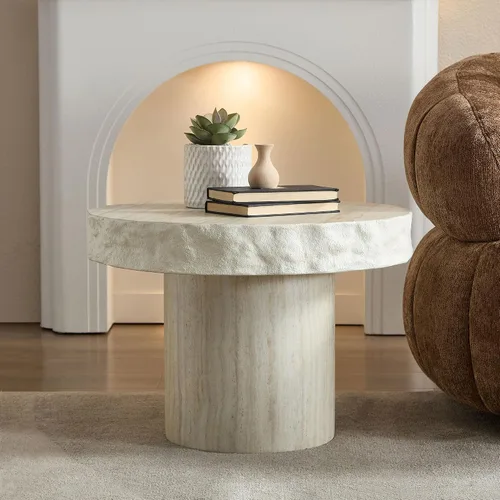 Miniatura 29 de Ø35.43'' Mesa de café redonda para sala de estar, moderna mesa de café en forma de tambor, material de fibra de vidrio, sin ensamblaje, beige