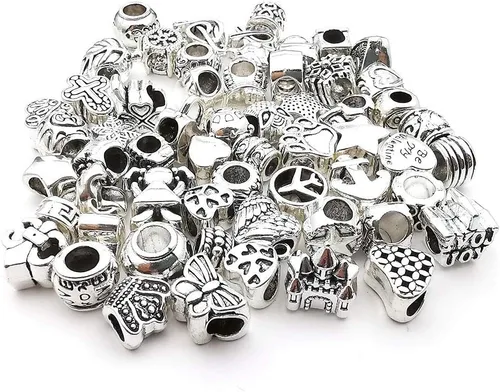 Miniatura 4 de 55 piezas surtidas de cuentas con agujeros grandes de aleación europea, cuentas con separadores metálicos para manualidades, pulseras, collares