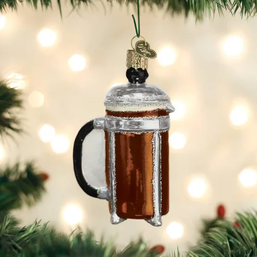 Miniatura 2 de Old World Christmas Adorno de prensa de café francés soplado de vidrio para árbol de Navidad, decoración navideña artesanal, colección de café