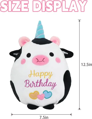 Miniatura 2 de Muñeca de peluche de vaca de 10 pulgadas, lindo animal de peluche de cumpleaños, suave almohada de peluche de vaca con sombrero de unicornio Kawaii