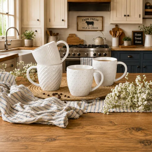 Miniatura 2 de Juego de 4 tazas de café blancas de 14 onzas, tazas de café de cerámica de granja, tazas texturizadas artesanales para oficina en casa, aptas