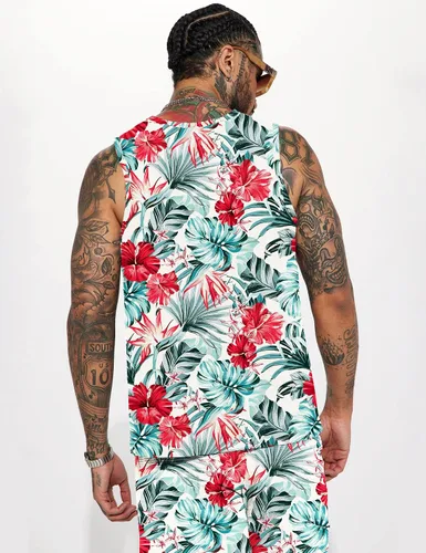 Miniatura 2 de JoZorro Conjunto de camiseta sin mangas con estampado floral para hombre, camiseta deportiva casual con estampado de lujo, ropa deportiva hawaiana