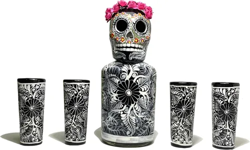 Juego de decantador de tequila, decantador de licor con vasos de chupito y sombrero mexicano, decantador pintado a mano, decantador de calavera,