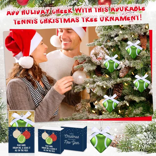 Miniatura 6 de Jenaai 12 juegos de adornos de Navidad de tenis de 2.4 pulgadas, adornos deportivos colgantes para árbol de Navidad con caja de color, mini pelota