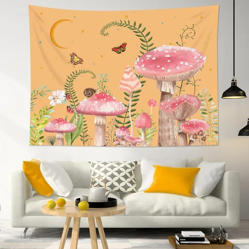 Miniatura 26 de LB Tapiz de hongos para colgar en la pared, luna y estrella en beige, tapiz de pared para dormitorio, estética de planta verde, arte de pared