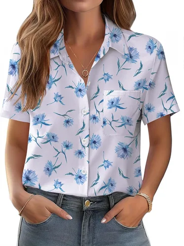 Miniatura 16 de Zeagoo Blusa de manga corta con botones para mujer, con bolsillo en el busto, para negocios, casual, para el trabajo, trajes de verano