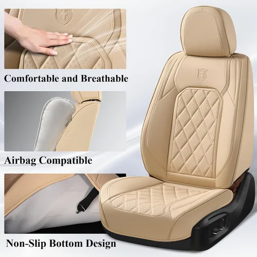 Miniatura 3 de Coverado Fundas de Asientos Delanteros, Funda de Asiento de Cuero Sintético de Lujo Impermeable, Protector de Asiento de Coche Beige, Funda