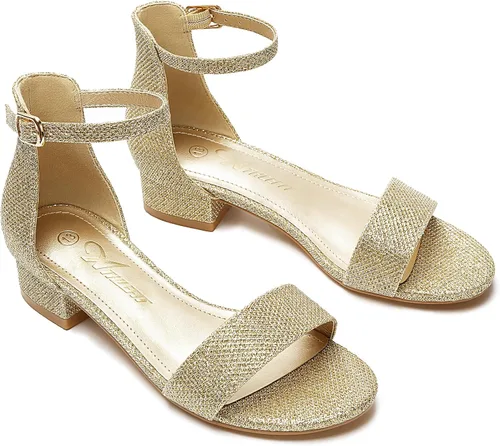 Miniatura 52 de Athlefit Sandalias para niñas, puntera abierta, correa en el tobillo, tacones bajos, zapatos de vestir para niñas pequeñas y grandes
