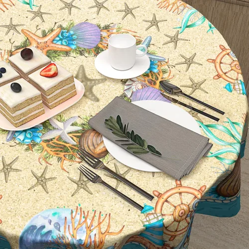 Miniatura 5 de Giwawa Mantel redondo de playa de verano de 60 pulgadas, corona costera de conchas con temática marina, tela impermeable, cubierta de mantel