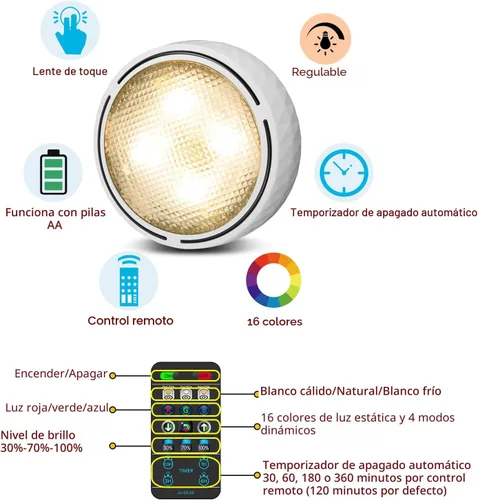 Miniatura 4 de TECOMLIGHT Luces de disco con control remoto, iluminación inalámbrica para debajo del gabinete, funciona con pilas, luces de empuje para cocina