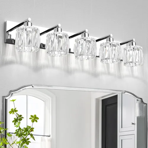 Miniatura 9 de VOLISUN Luces de tocador de cristal – 4 luces modernas de acero inoxidable para baño sobre espejo, acabado cromado – Certificado UL