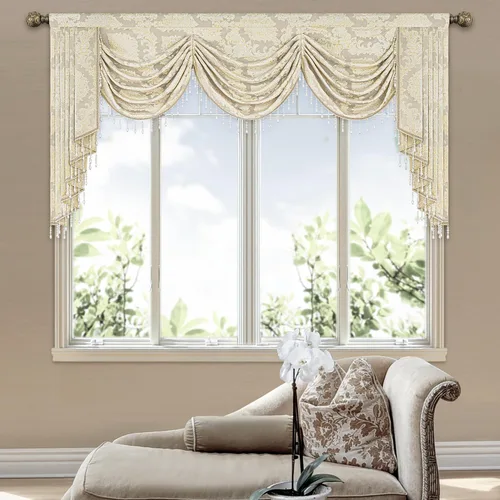 Miniatura 31 de Loom and Mill Cenefa de cascada de lujo de jacquard para sala de estar, elegantes cenefas de ventana con festones y cuentas damascadas, cortinas
