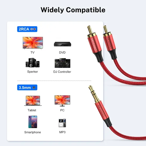 Miniatura 2 de MOSWAG Cable RCA, adaptador de audio estéreo macho de 0.138 in a 2RCA macho, doble blindado, chapado en oro, cable coaxial trenzado de nailon AUX