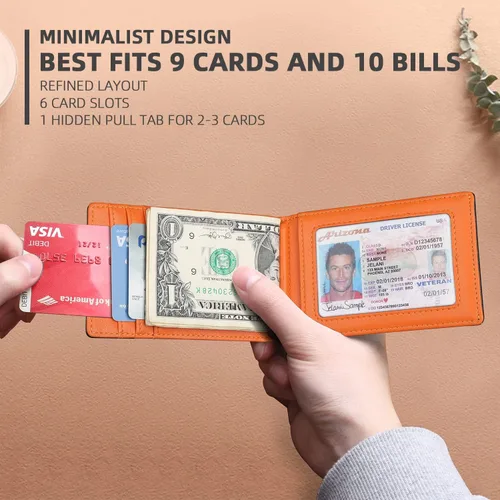 Miniatura 43 de Cartera Zitahli minimalista, delgada, con bolsillo frontal plegable y clip para billetes, bloqueo RFID efectivo y diseño inteligente, para hombre