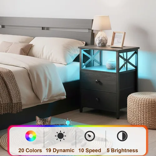 Miniatura 8 de AMHANCIBLE Juego de 2 mesitas de noche, mesita de noche LED con estación de carga, mesas auxiliares para sala de estar con cajones de tela, mesita