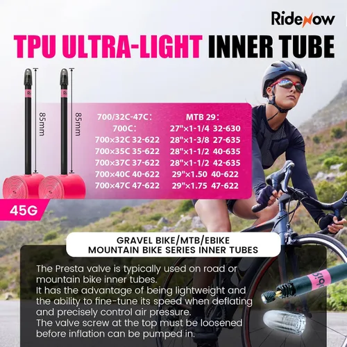 Miniatura 2 de RideNow TPU Road Bike Inner Tube, 2 Pack Gravel Bike Tube 700 x 32C-47C with 45mm/65mm/85mm Presta Valves, Ultra-Light Puncture Resistant Bicycle