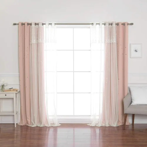 Miniatura 35 de Best Home Fashion Par de cortinas opacas con revestimiento de tul y corte láser, paneles de ventana con ojales plateados para dormitorio, habitación