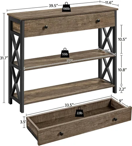 Miniatura 3 de Yaheetech - Mesa de consola con cajón y 2 estantes abiertos de almacenamiento, mesa de sofá para sala de estar, mesa estrecha de 3 niveles