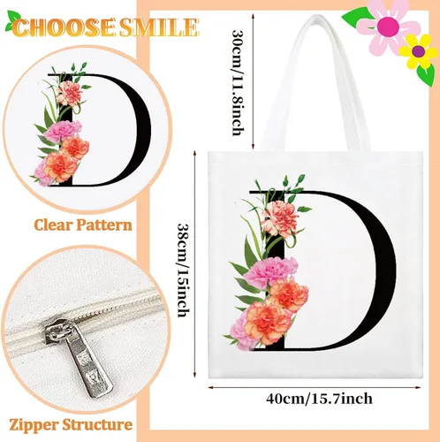 Miniatura 5 de Bolsa de lona con letra inicial personalizada, regalo para el día de la madre, damas de honor, novia, cumpleaños, boda Flower-D