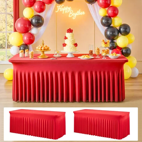Miniatura 10 de Paquete de 2 manteles de elastano azul bebé de 6 pies con falda de mesa con volantes, manteles ajustables elásticos sin arrugas para mesas