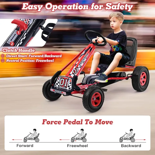 Miniatura 3 de HONEY JOY Go Kart para niños, 4 ruedas con pedal todoterreno cuádruple a pie con volantes y asiento ajustable, 2 frenos de seguridad, neumáticos Rojo