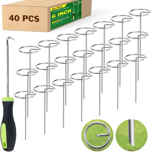 Grapas de jardín resistentes de 6 pulgadas, paquete de 40 estacas de acero galvanizado de calibre 8 con parte superior circular, grapas de