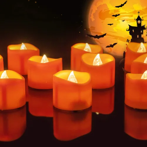 Homemory Paquete de 12 velas de té naranja de Halloween, velas LED que funcionan con pilas, luces de calabazas pequeñas, sin llama, velas de té
